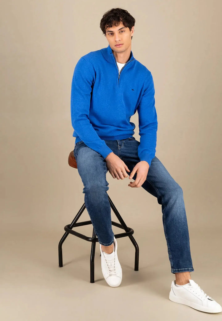 Superfine 1/4 Zip Cotton Knit Strong Blue-Fynch-Hatton UK