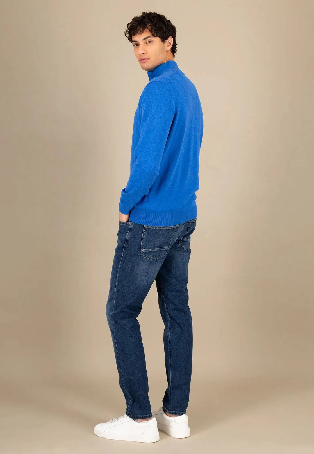 Superfine 1/4 Zip Cotton Knit Strong Blue-Fynch-Hatton UK