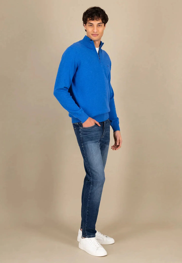 Superfine 1/4 Zip Cotton Knit Strong Blue-Fynch-Hatton UK