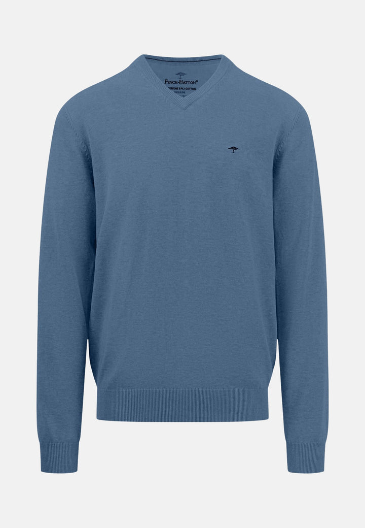 Superfine V-Neck Cotton Knit Cloud Blue-Fynch-Hatton UK