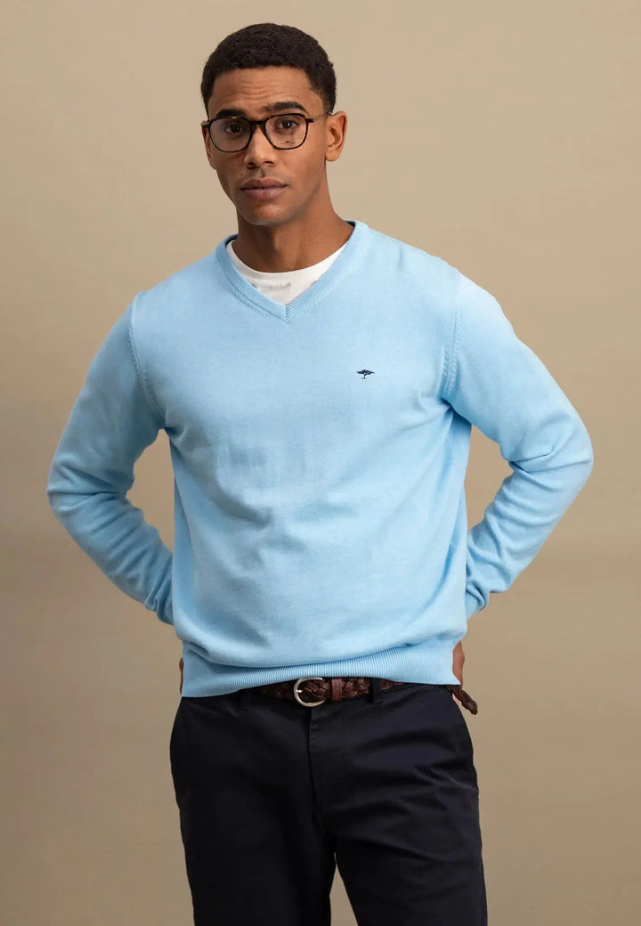 Superfine V-Neck Cotton Knit Splashy Ocean-Fynch-Hatton UK