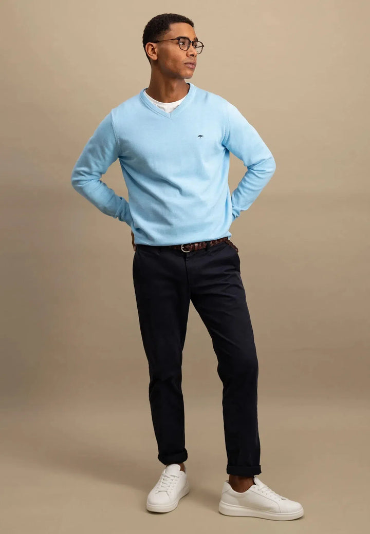 Superfine V-Neck Cotton Knit Splashy Ocean-Fynch-Hatton UK