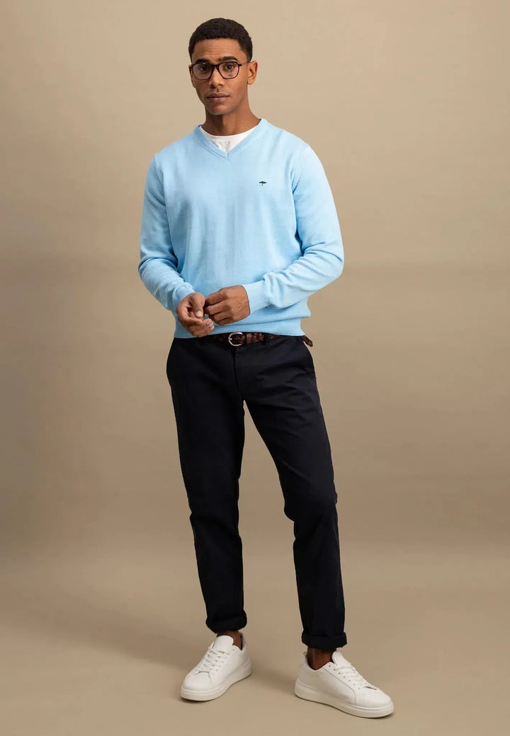 Superfine V-Neck Cotton Knit Splashy Ocean-Fynch-Hatton UK