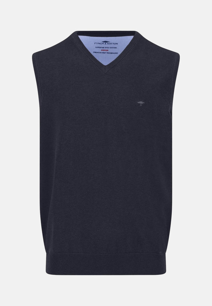 Superfine V-Neck Cotton Knit Vest Navy-Fynch-Hatton UK