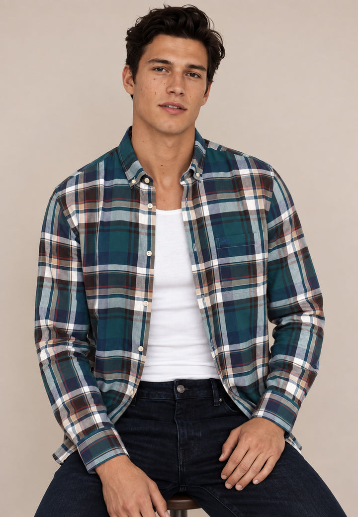 Multicolor Oxford Check Button Down Shirt Teal