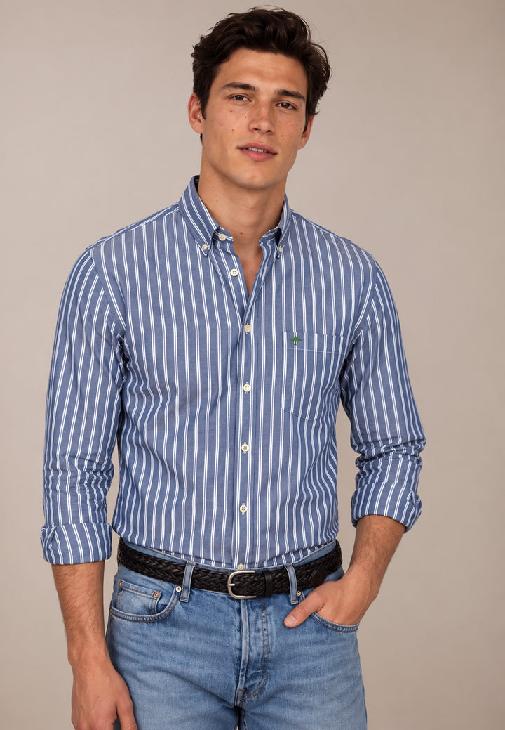 Striped Twill Button Down Shirt Teal