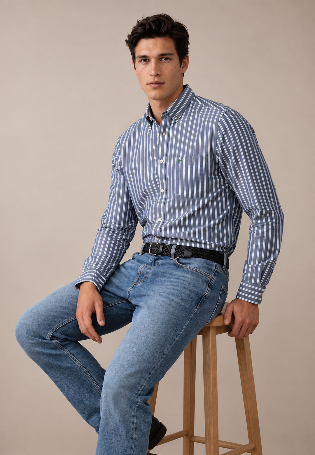 Striped Twill Button Down Shirt Teal