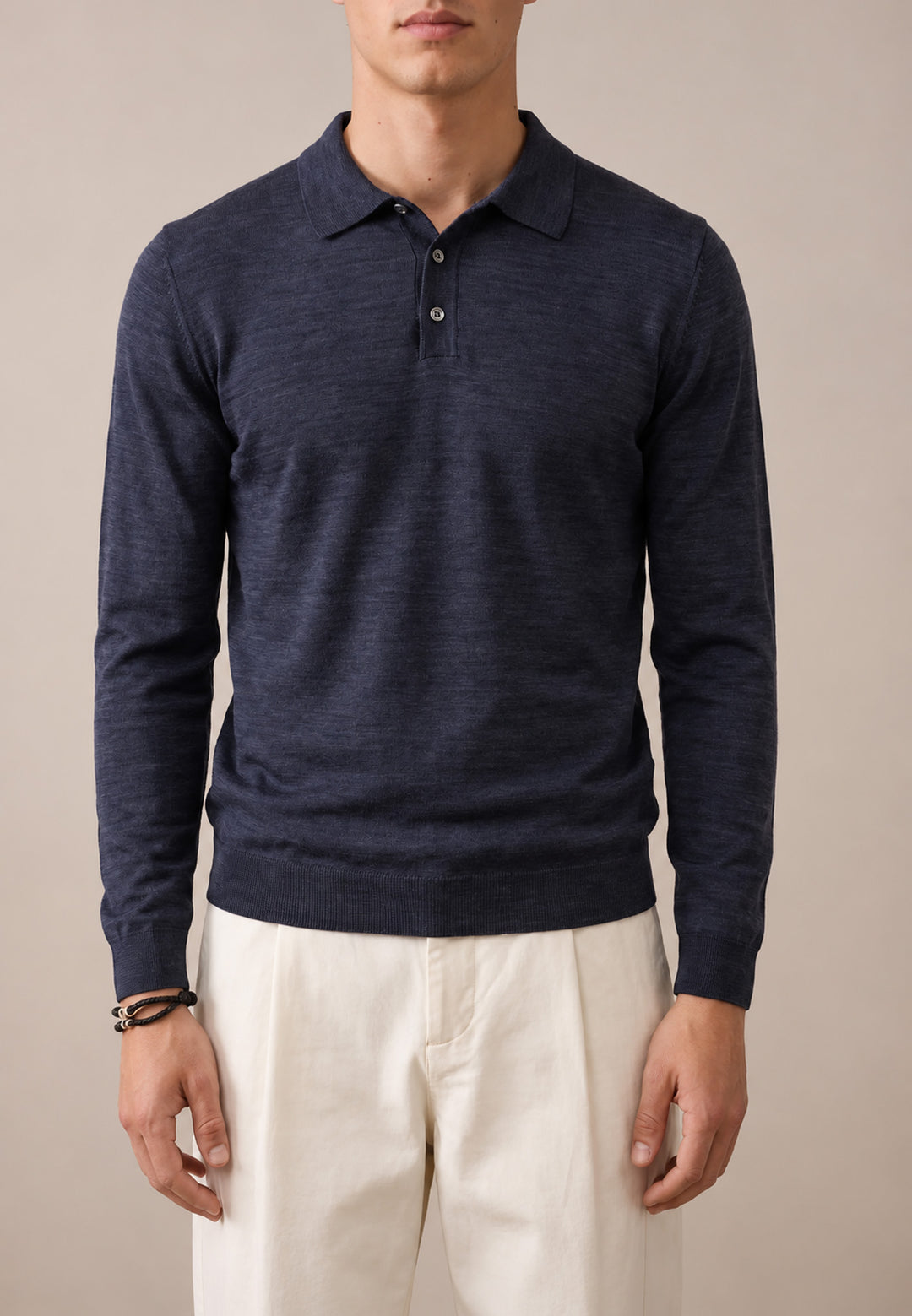 Merino Wool Fine Gauge Polo Collar Knit Navy