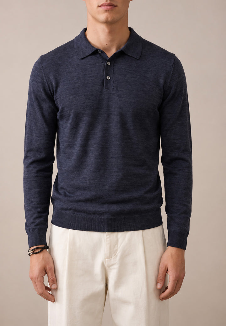 Merino Wool Fine Gauge Polo Collar Knit Navy