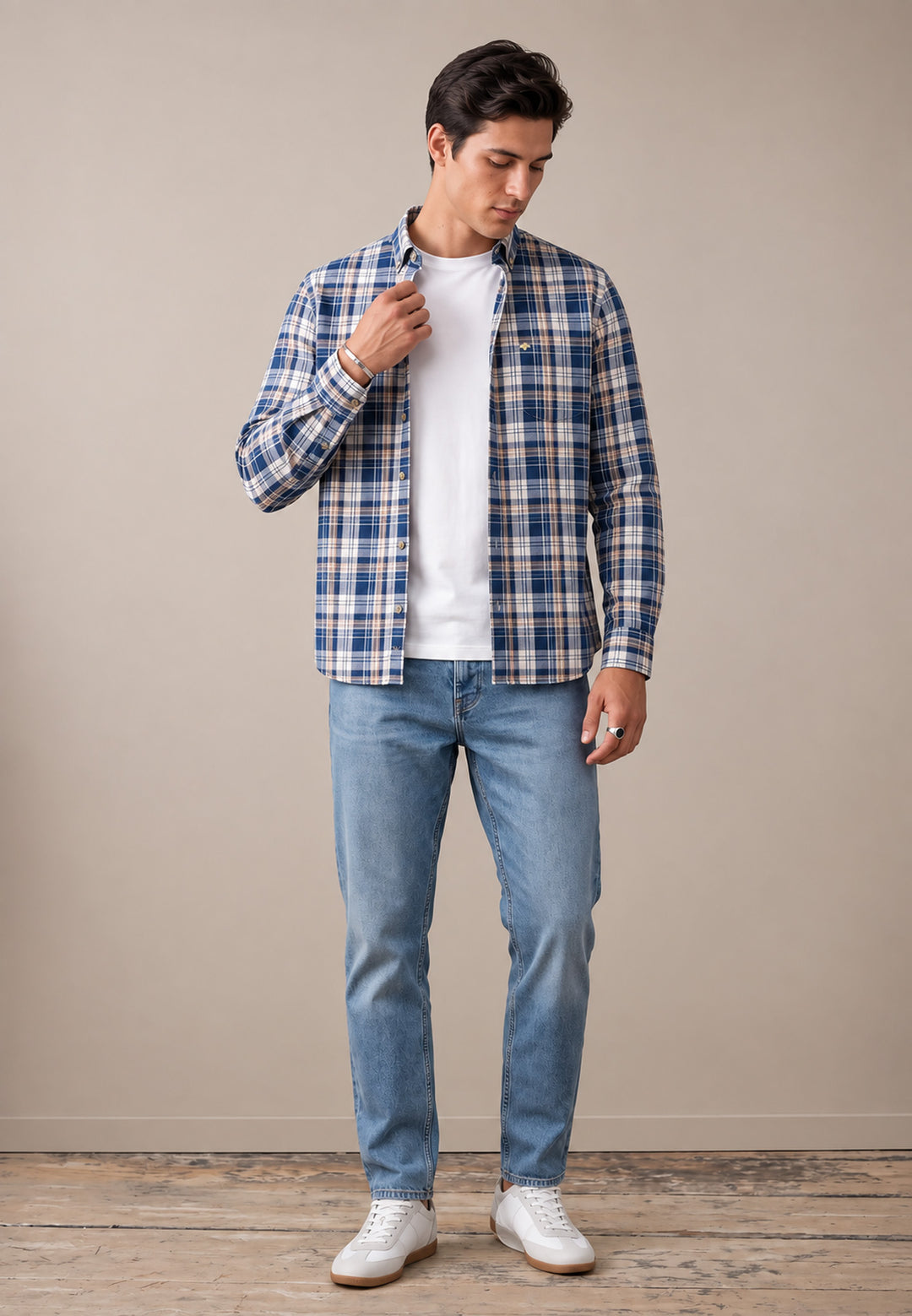 Twill Check Button Down Shirt Navy