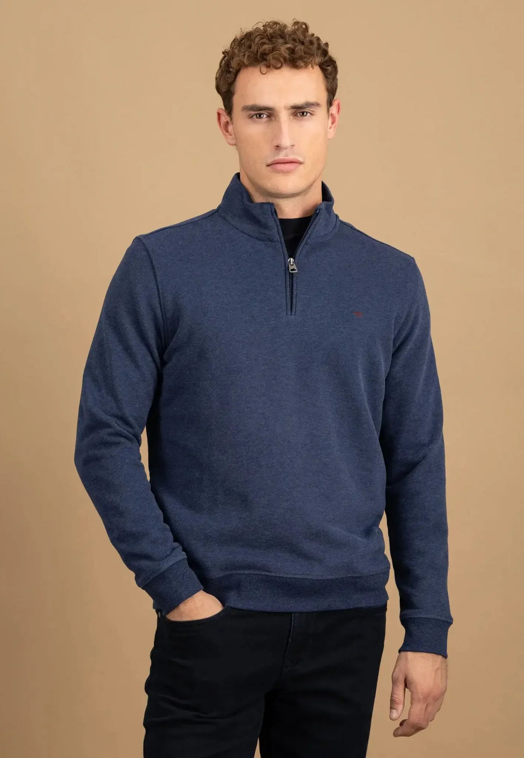 fynch-hatton-1/4 Zip Stand Collar Cotton Sweat Midnight