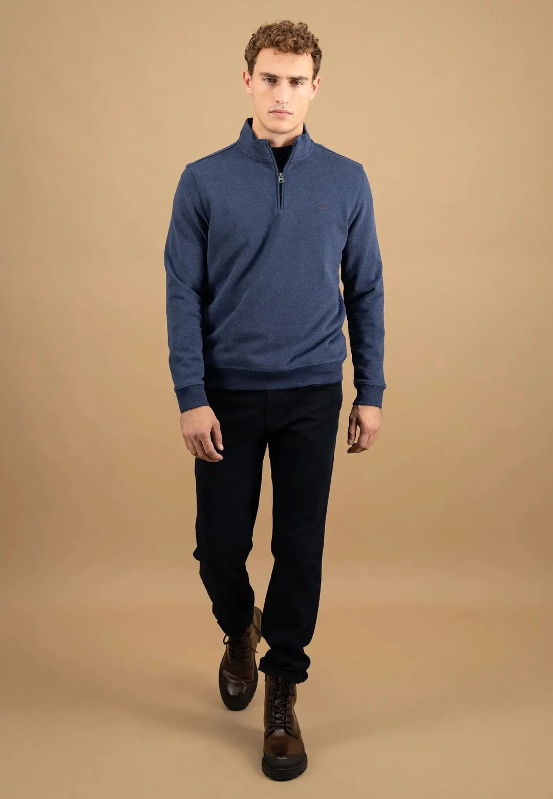 fynch-hatton-1/4 Zip Stand Collar Cotton Sweat Midnight