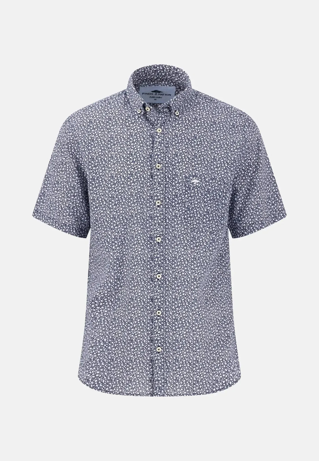 fynch-hatton-Allover Pattern Linen Short Sleeved Shirt Navy