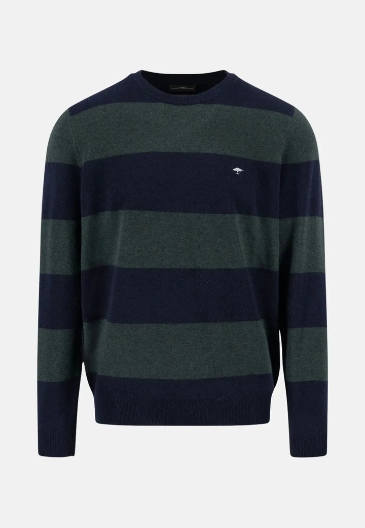 fynch-hatton-Block Stripe Merino Wool Cashmere Crewneck Knit Navy