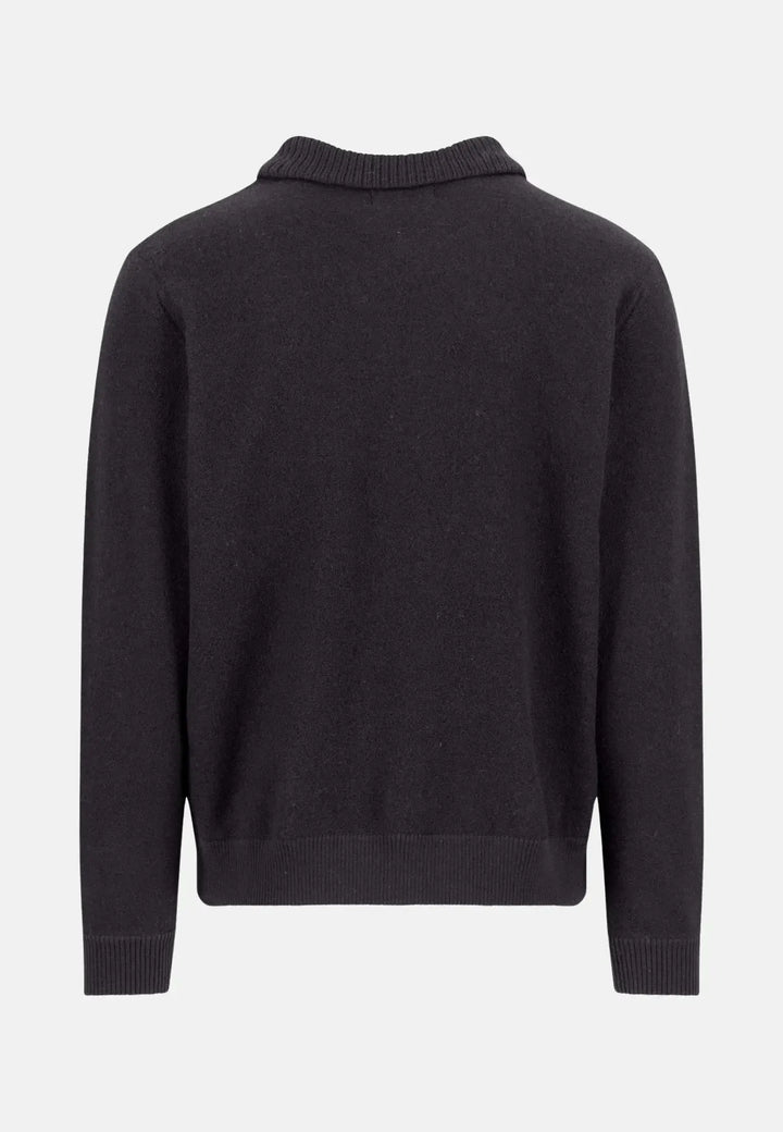 fynch-hatton-Boiled Wool Polo Collar Cardigan Charcoal