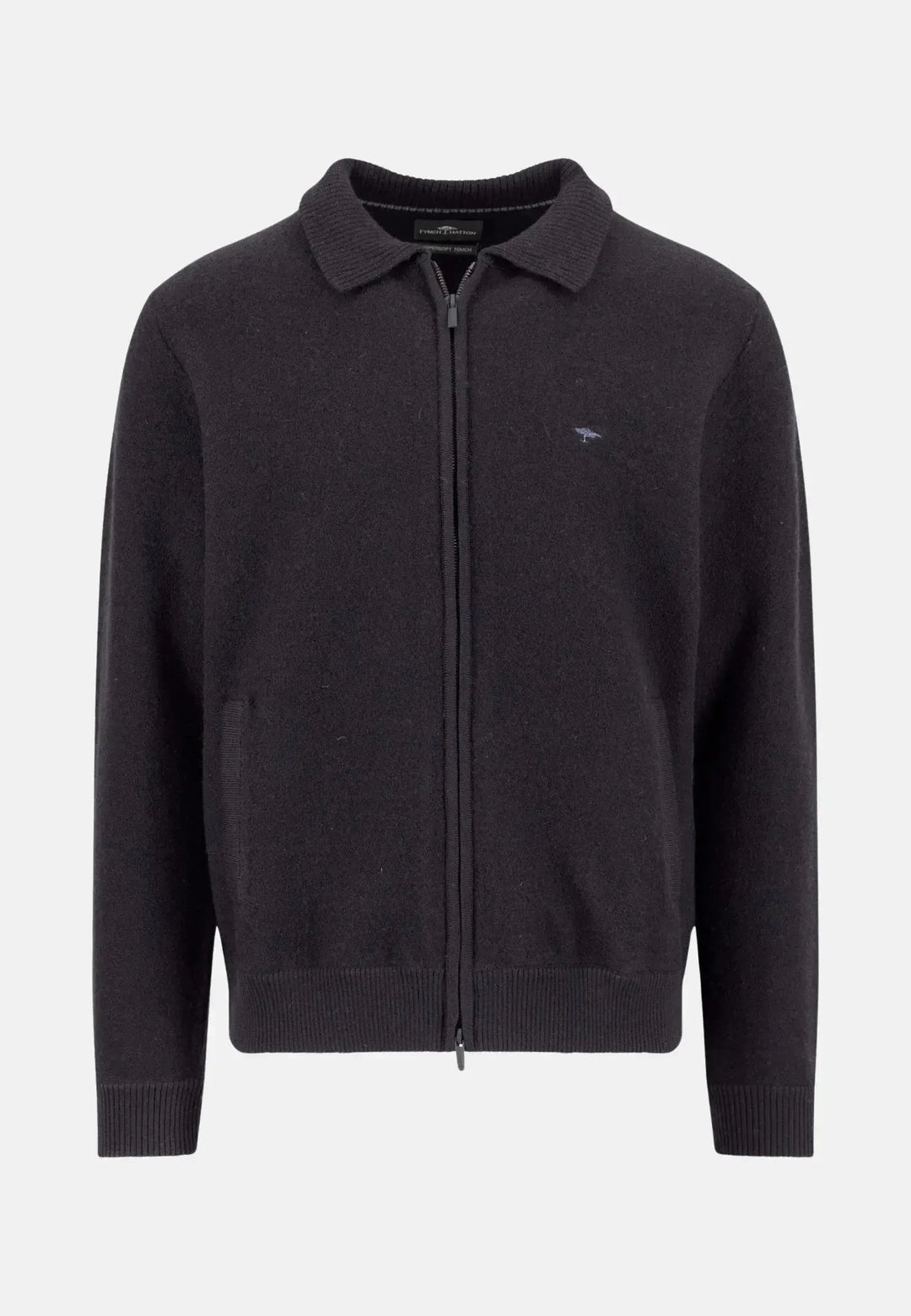 fynch-hatton-Boiled Wool Polo Collar Cardigan Charcoal