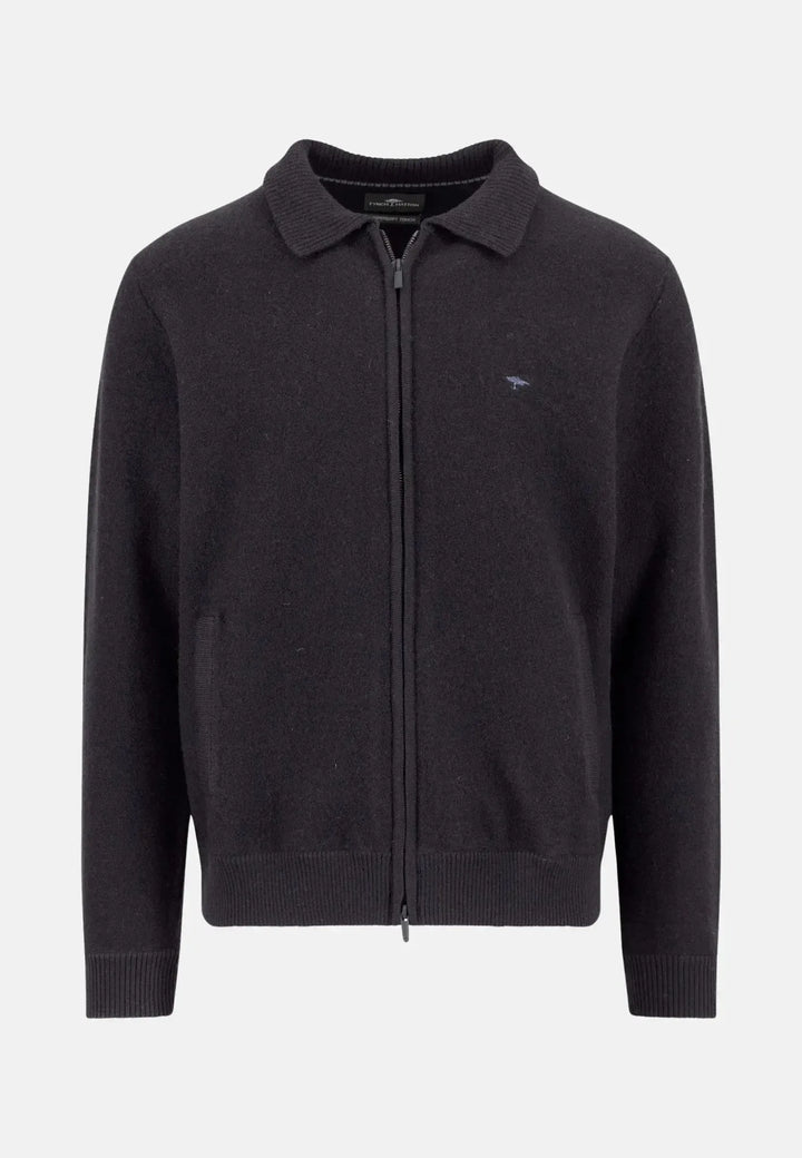 fynch-hatton-Boiled Wool Polo Collar Cardigan Charcoal