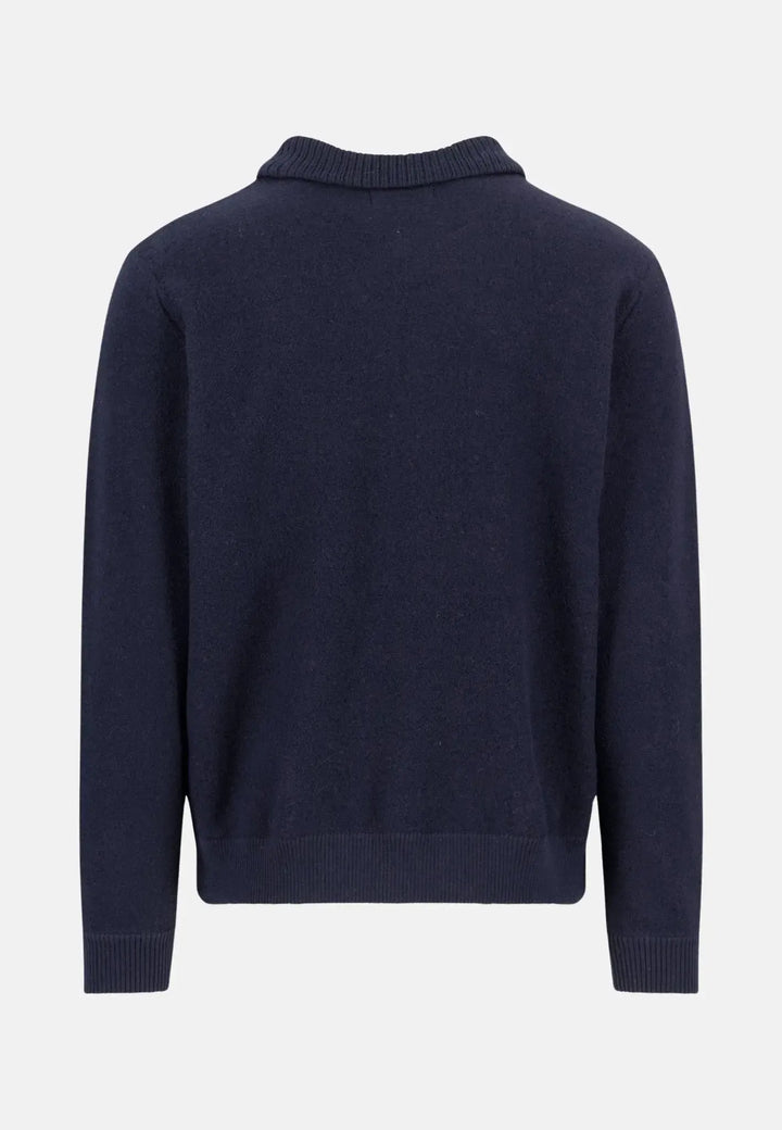 fynch-hatton-Boiled Wool Polo Collar Cardigan Navy