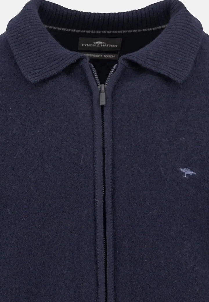 fynch-hatton-Boiled Wool Polo Collar Cardigan Navy