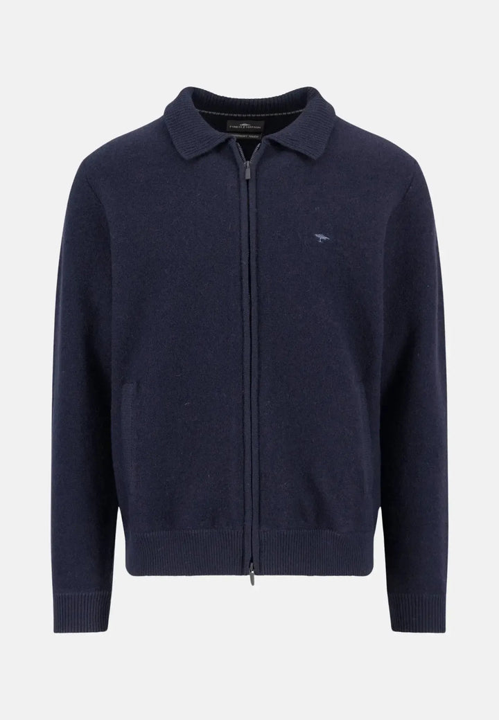 fynch-hatton-Boiled Wool Polo Collar Cardigan Navy