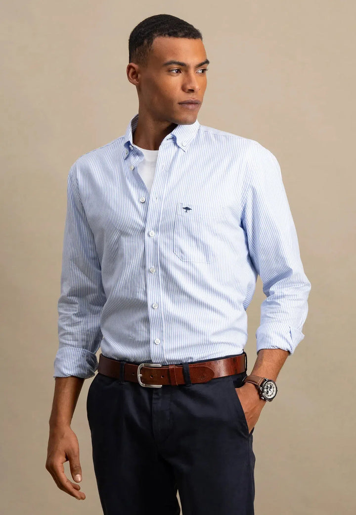 fynch-hatton-Button Down Oxford Shirt Light Blue Stripe