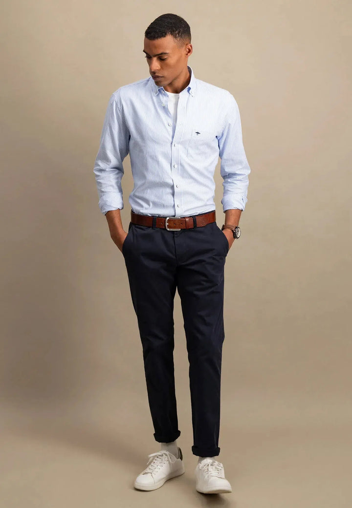 fynch-hatton-Button Down Oxford Shirt Light Blue Stripe
