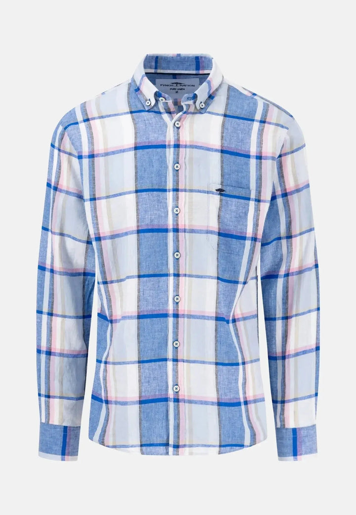 fynch-hatton-Colourful Linen Check Shirt Strong Blue