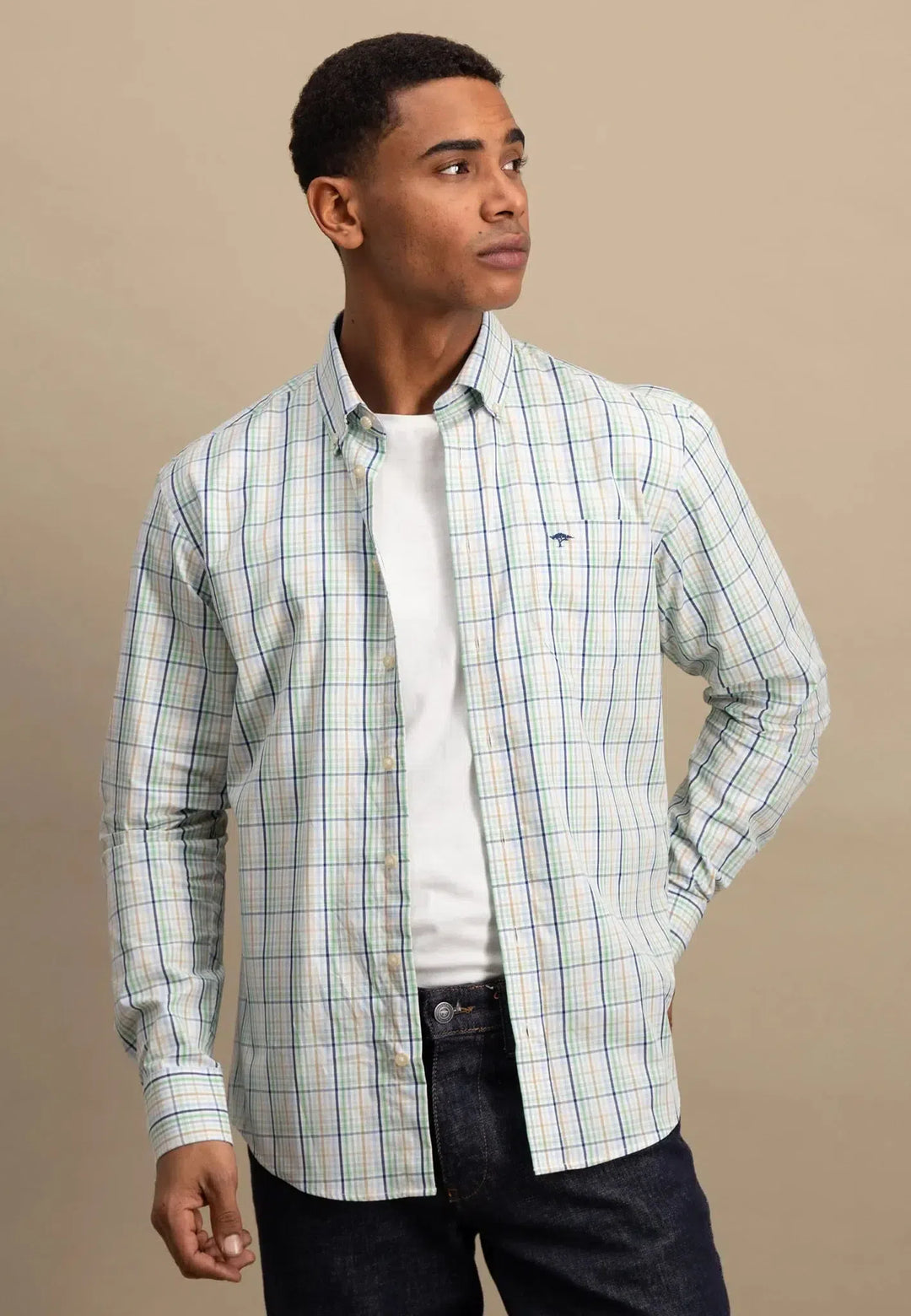fynch-hatton-Combi Check Shirt Turf Green