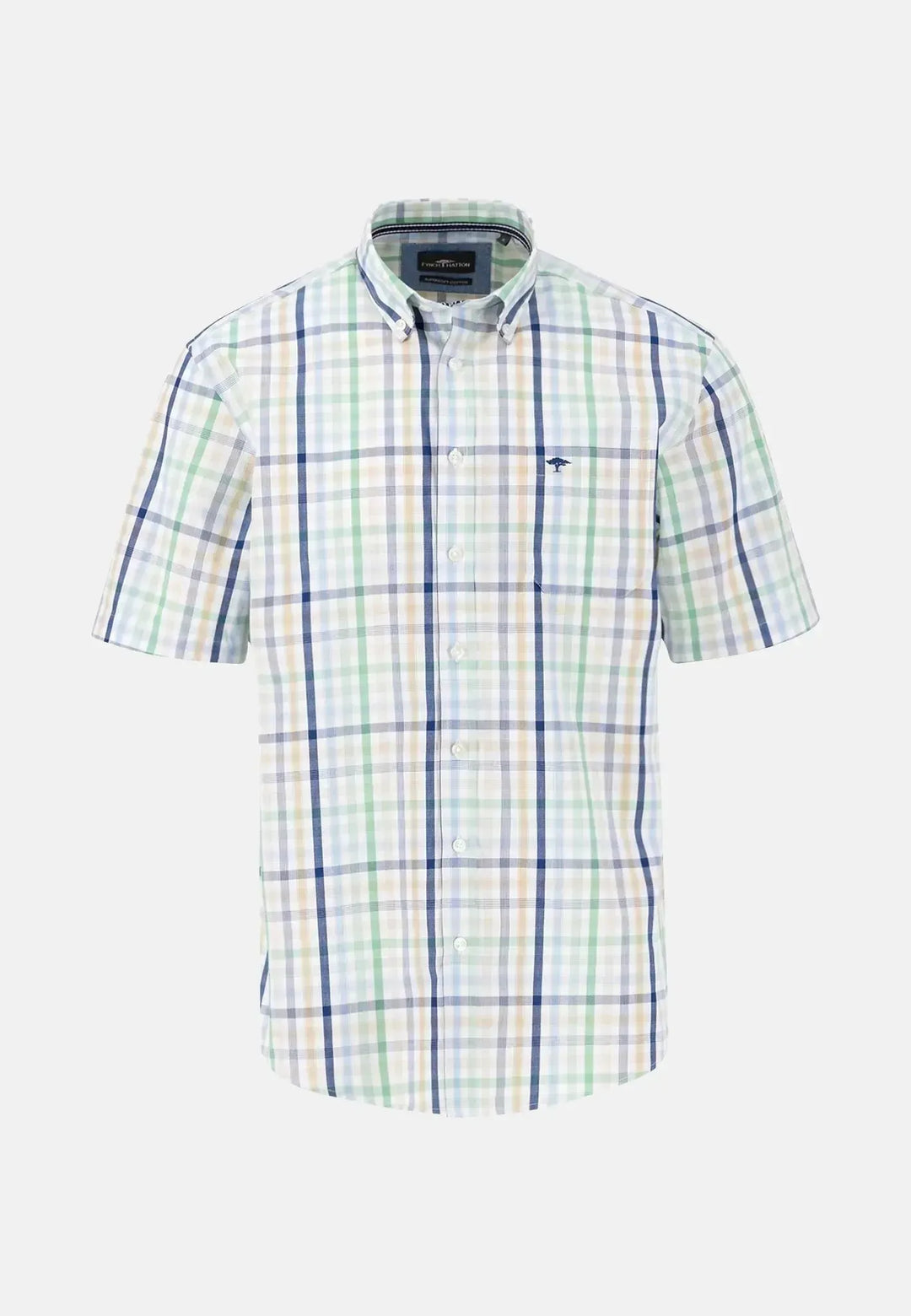 fynch-hatton-Combi Check Short Sleeved Shirt Turf Green