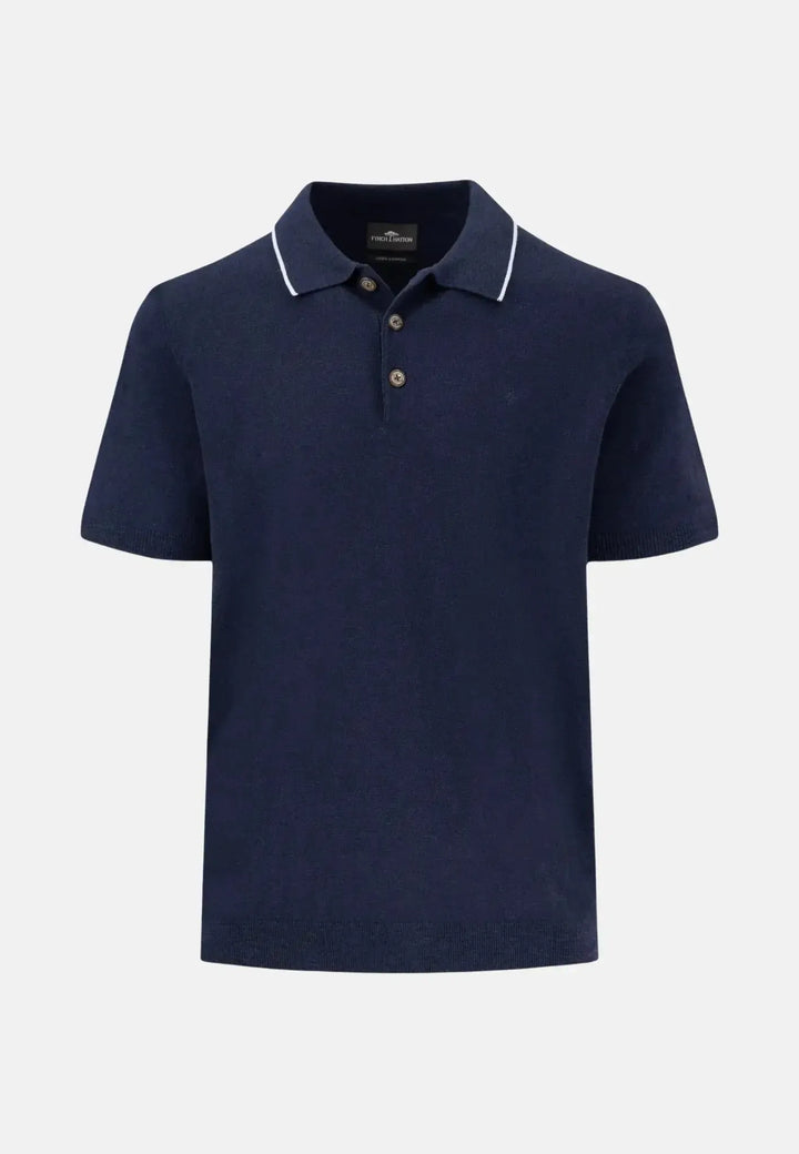 fynch-hatton-Cotton Linen Knit Polo Shirt Navy