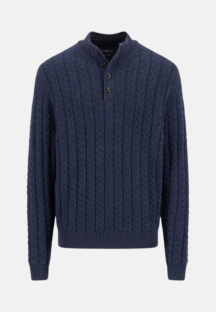 fynch-hatton-Cotton-Wool Button Neck Cable Knit Sweater Navy
