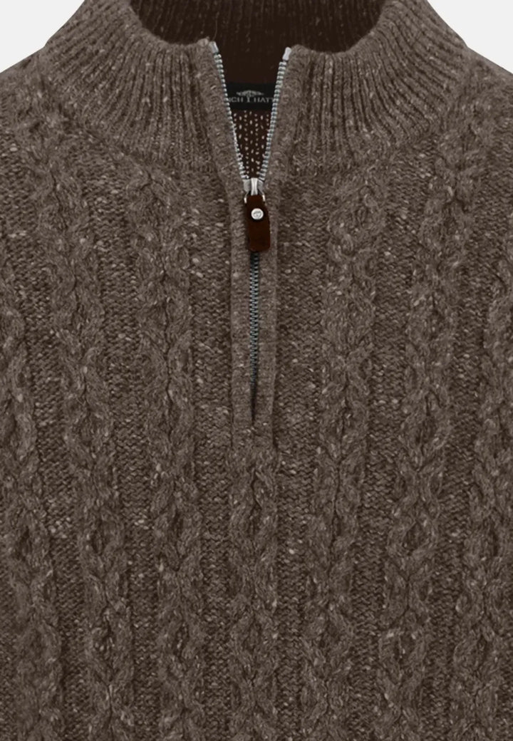 fynch-hatton-Donegal Wool 1/4 Zip Cable Knit Dark Chocolate
