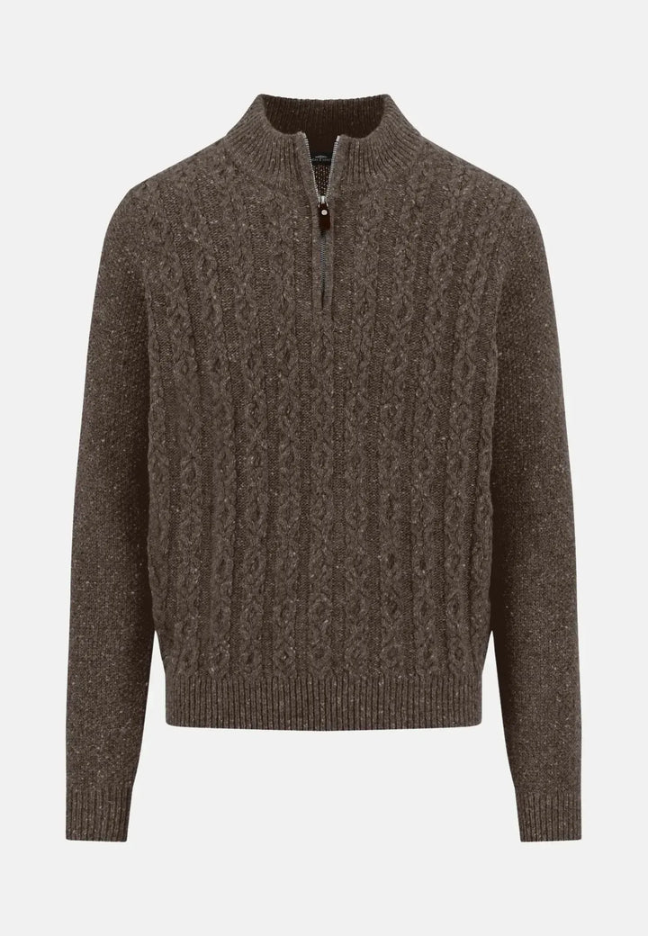 fynch-hatton-Donegal Wool 1/4 Zip Cable Knit Dark Chocolate