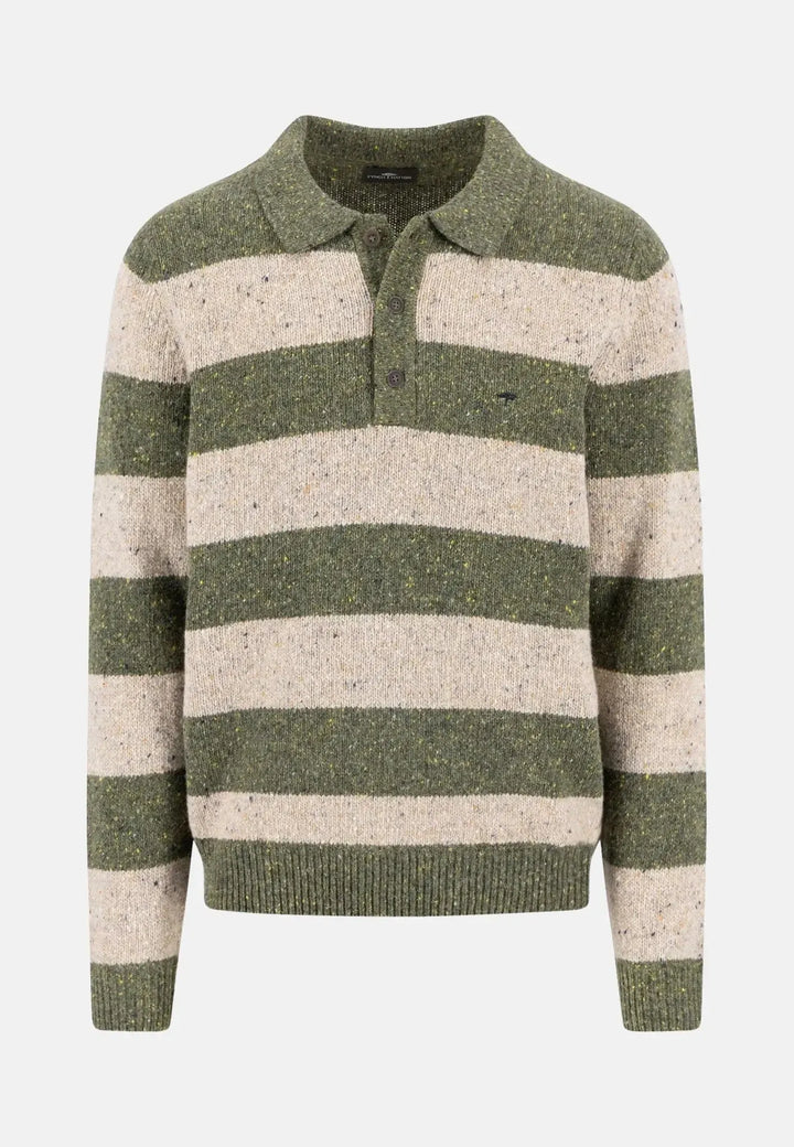 fynch-hatton-Donegal Wool Striped Polo Collar Knit Dark Ivy