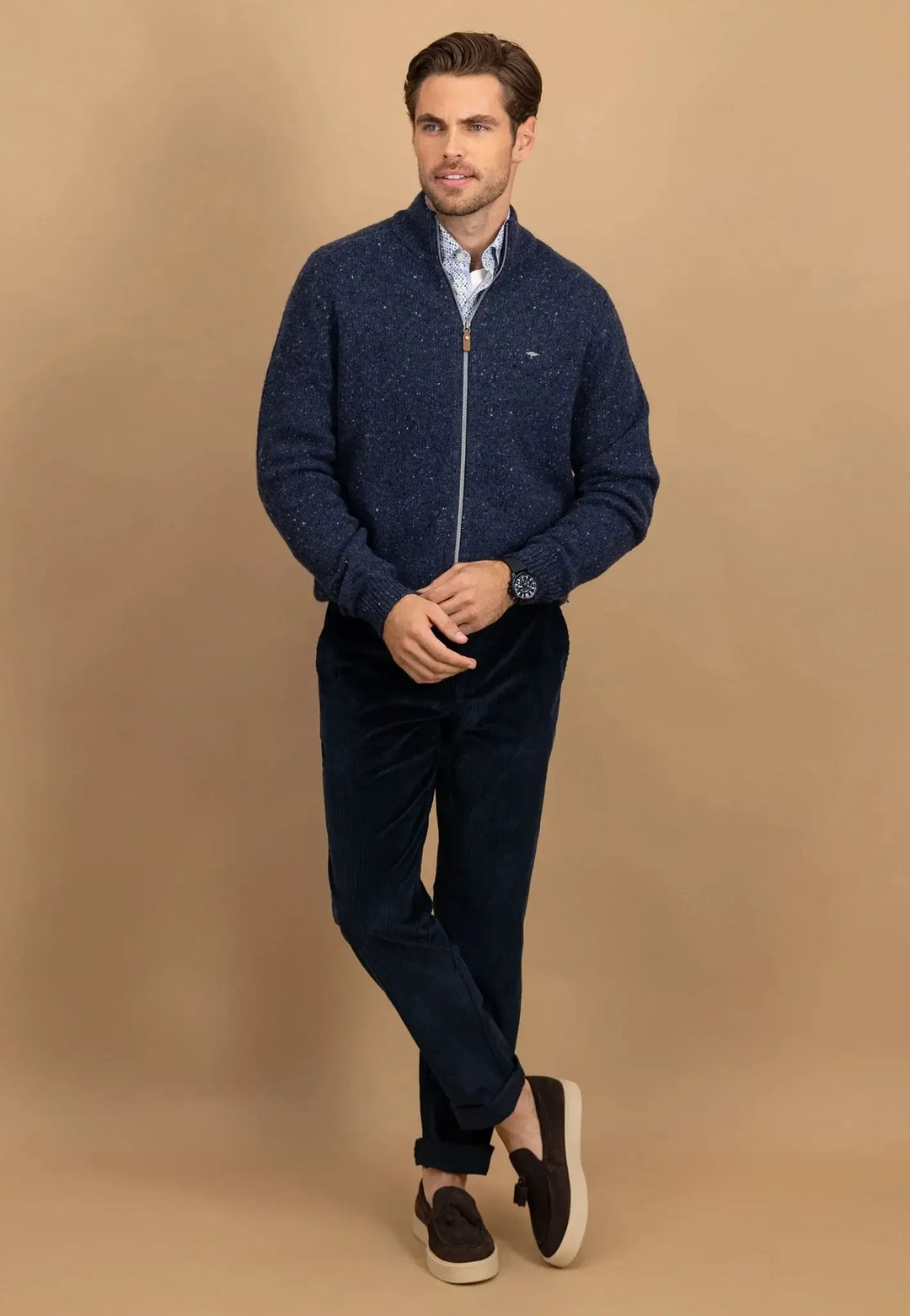 fynch-hatton-Donegal Wool Zip Cardigan Navy