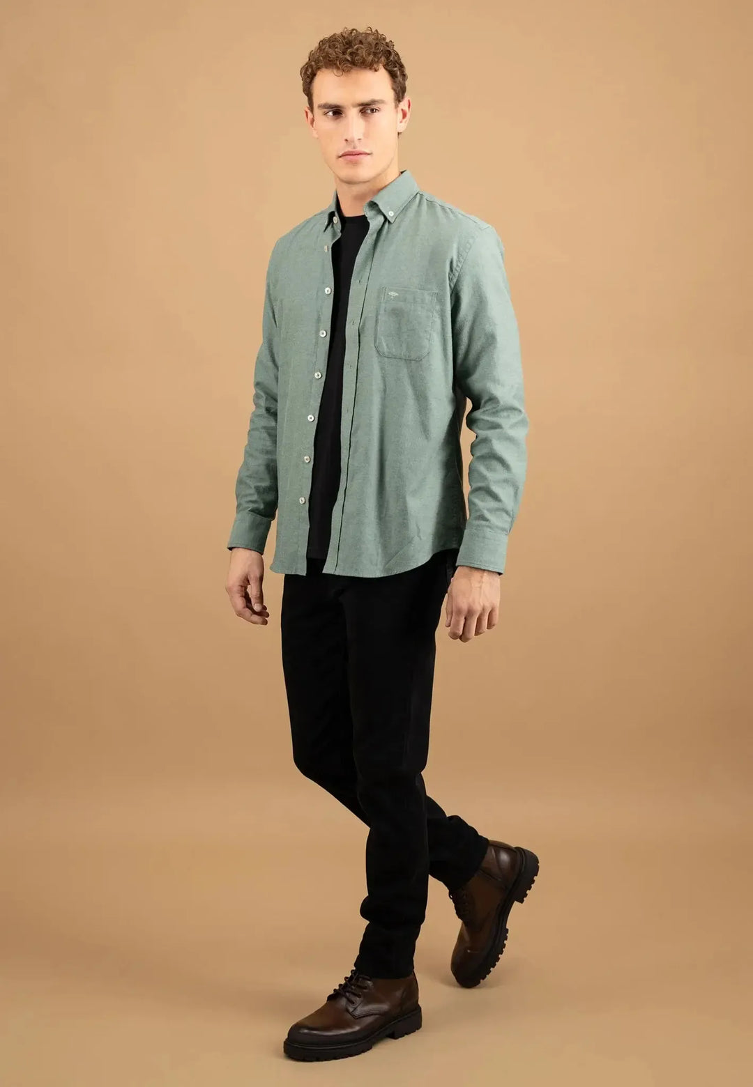 fynch-hatton-Essential Flannel Button Down Shirt Dark Ivy