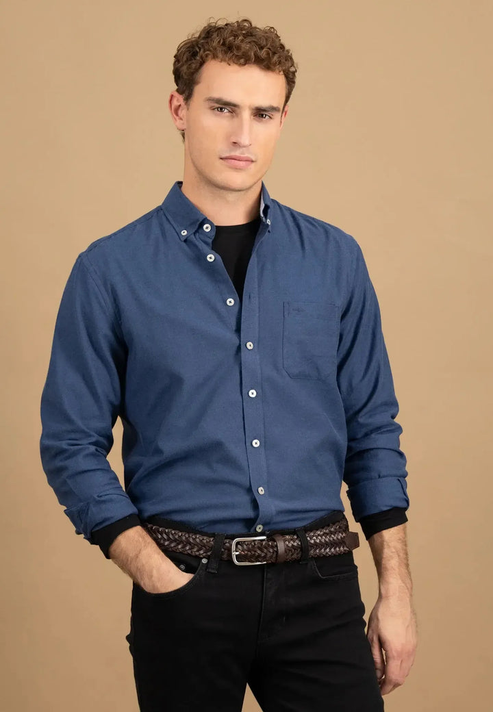 fynch-hatton-Essential Flannel Button Down Shirt Navy