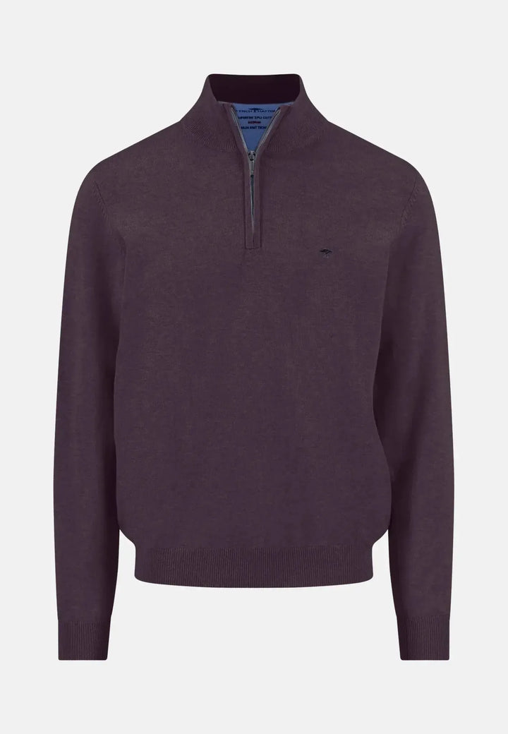 fynch-hatton-Fine Knit Cotton 1/4 Zip Aubergine