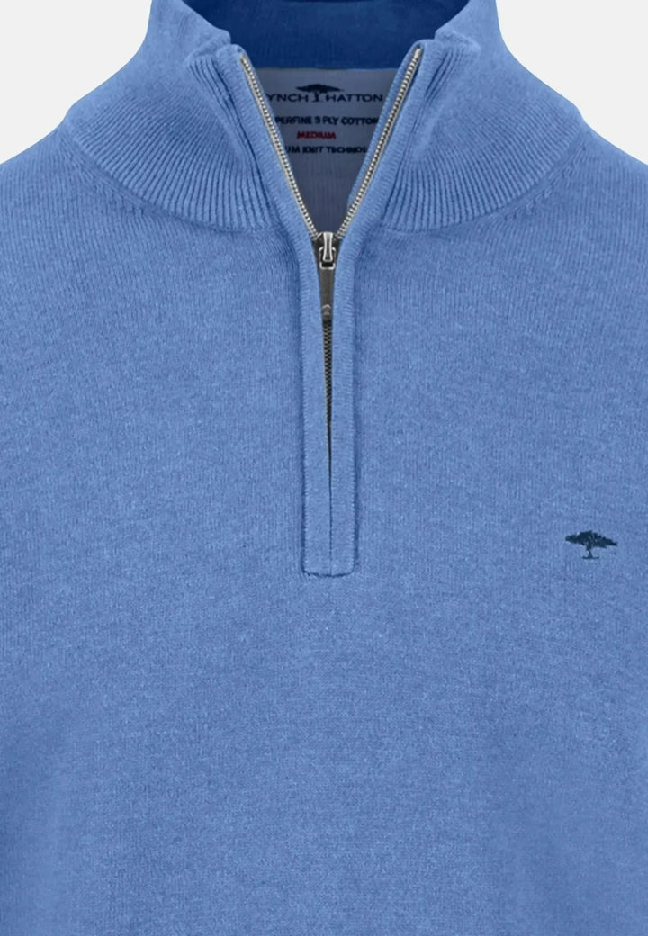fynch-hatton-Fine Knit Cotton 1/4 Zip Crystal Blue