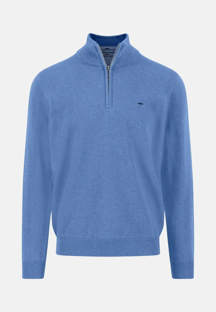 fynch-hatton-Fine Knit Cotton 1/4 Zip Crystal Blue