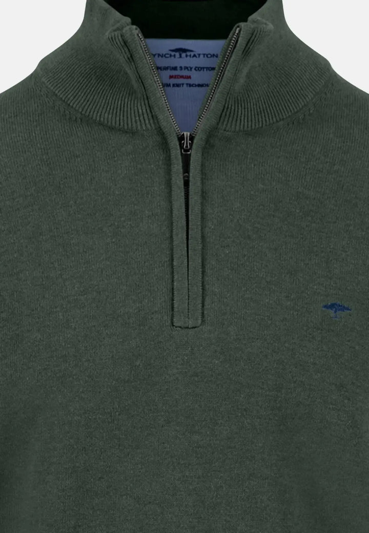 fynch-hatton-Fine Knit Cotton 1/4 Zip Dark Ivy