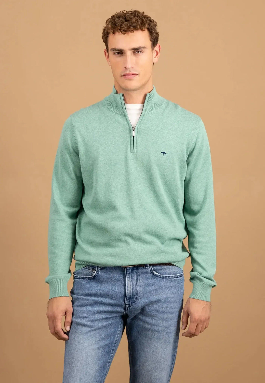 fynch-hatton-Fine Knit Cotton 1/4 Zip Fern
