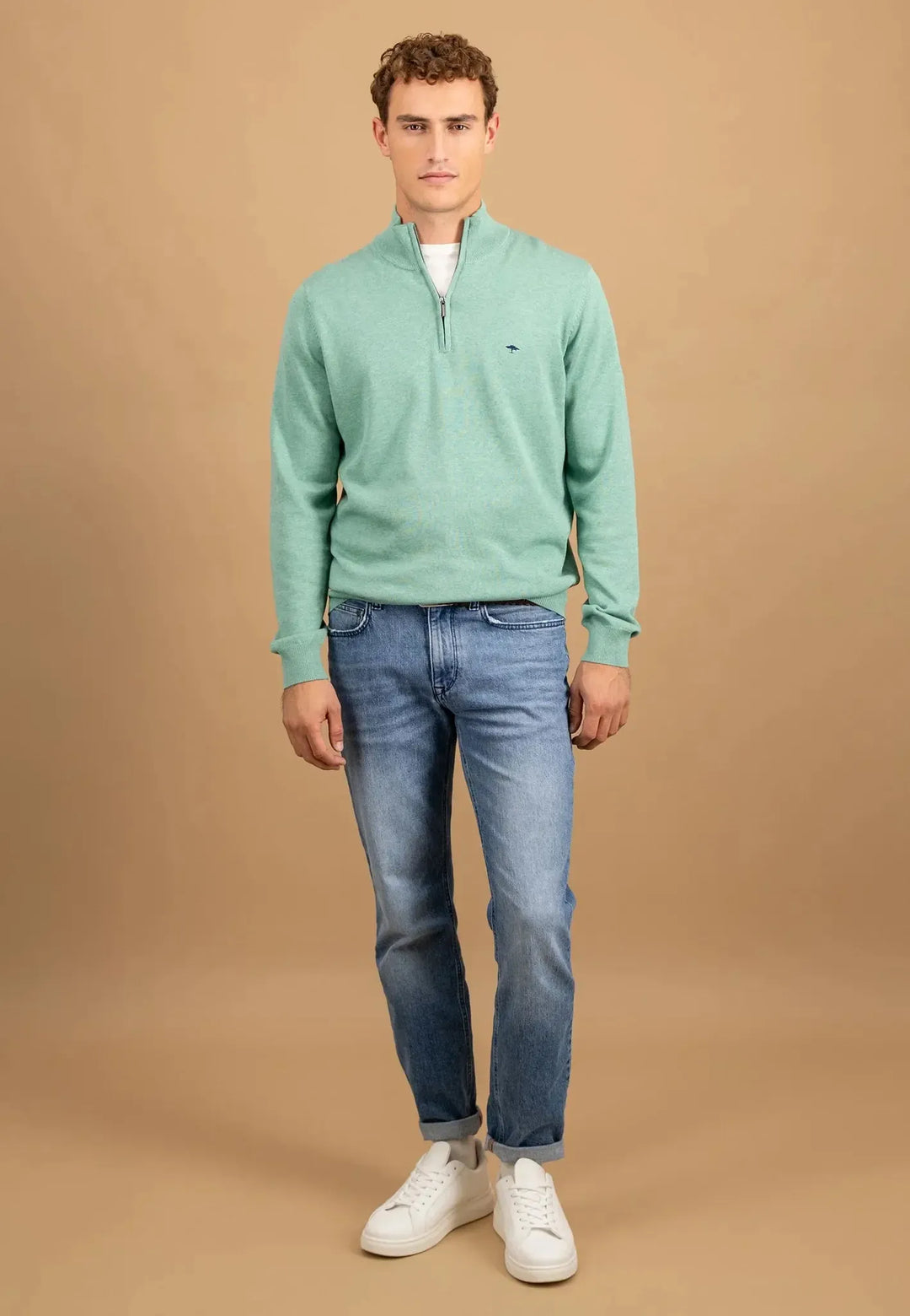 fynch-hatton-Fine Knit Cotton 1/4 Zip Fern
