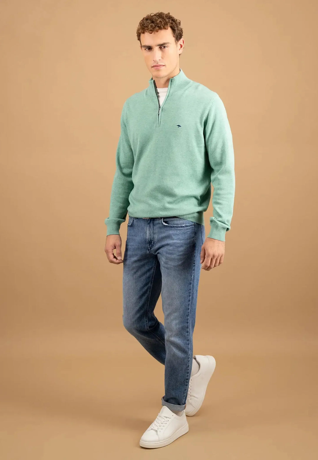 fynch-hatton-Fine Knit Cotton 1/4 Zip Fern