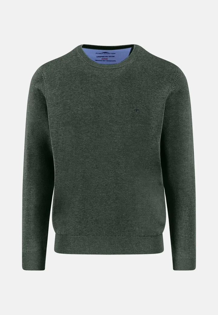 fynch-hatton-Fine Knit Cotton Crewneck Dark Ivy