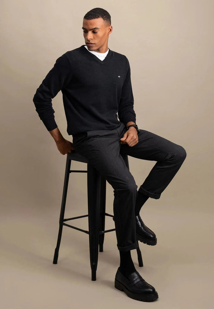 fynch-hatton-Fine Knit V-Neck Cotton Knit Charcoal