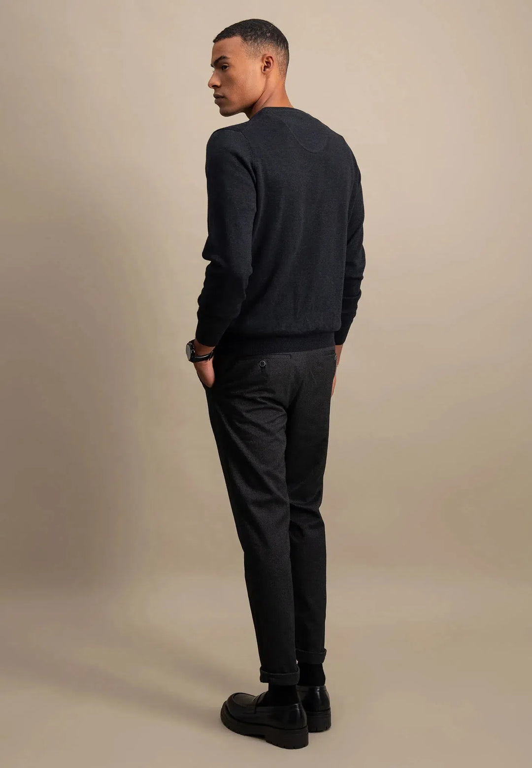 fynch-hatton-Fine Knit V-Neck Cotton Knit Charcoal