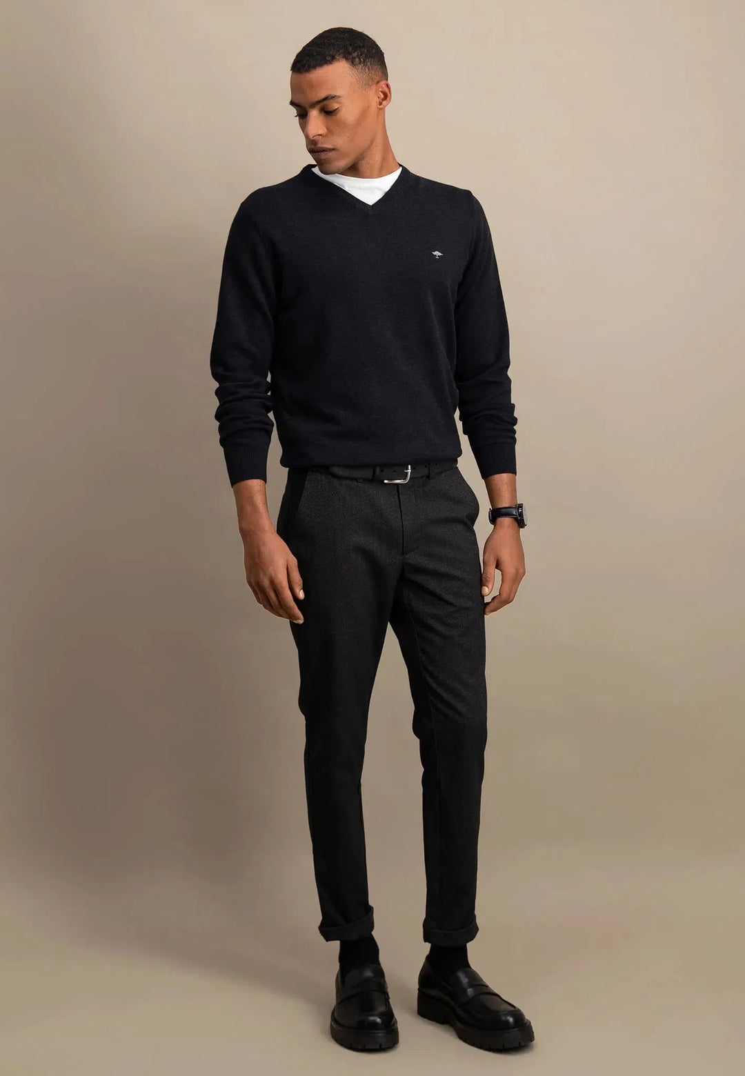fynch-hatton-Fine Knit V-Neck Cotton Knit Charcoal