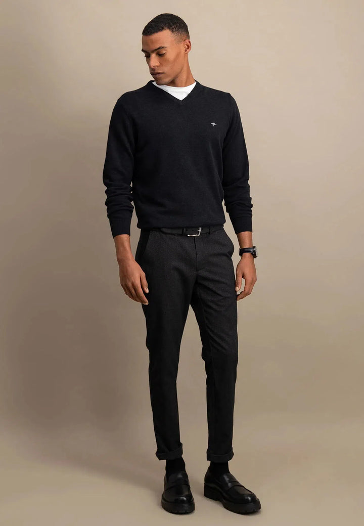 fynch-hatton-Fine Knit V-Neck Cotton Knit Charcoal
