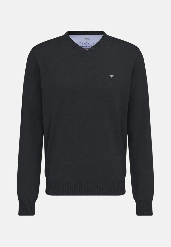 fynch-hatton-Fine Knit V-Neck Cotton Knit Charcoal
